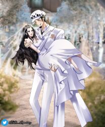 Rule 34 | 1boy, 1girl, black hair, black necktie, blue eyes, blush, breasts, bridal veil, carrying, closed eyes, collared shirt, couple, dress, earrings, elbow gloves, facial hair, flower, fur hat, gloves, goatee, grin, happy, hat, hetero, high heels, highres, husband and wife, jacket, jewelry, large breasts, led legendary, long hair, long sleeves, necktie, nico robin, one piece, open mouth, pants, princess carry, ring, shirt, short hair, sleeveless, sleeveless dress, smile, standing, strapless, strapless dress, teeth, trafalgar law, twitter username, veil, wedding, wedding dress, wedding ring, white dress, white footwear, white gloves, white jacket, white pants, white shirt