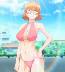Rule 34 | 1girl, amagi manami, bikini, breasts, cleavage, cleavage cutout, closed eyes, clothing cutout, curvy, glasses, hand on own hip, large breasts, navel, orange hair, pink bikini, screencap, short hair, smile, solo, stitched, sunlight, sweet home, swimsuit, thick thighs, thighs, third-party edit