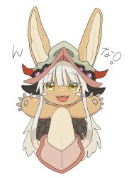 Rule 34 | 1other, androgynous, animal ears, bad id, bad twitter id, blush, fangs, furry, highres, kawasemi27, looking at viewer, made in abyss, nanachi (made in abyss), open mouth, short hair, smile, tail, teeth, translation request, upper body, upper teeth only, white hair, yellow eyes