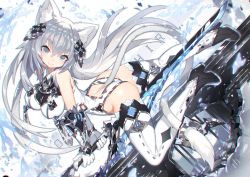 Rule 34 | 1girl, animal ears, blush, breasts, cat ears, cat tail, closed mouth, commentary request, full body, gloves, grey eyes, hair ornament, high heels, holding, holding sword, holding weapon, leotard, long hair, looking at viewer, mamuru, medium breasts, original, reverse grip, shiny skin, silver hair, smile, solo, sword, tail, thighhighs, vambraces, weapon, white gloves, white leotard, white thighhighs
