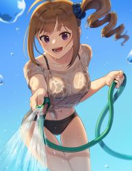 Rule 34 | 1girl, ahoge, bikini, black bikini, black scrunchie, blue sky, breasts, brown hair, clear sky, cleavage, commentary, cowboy shot, day, drill hair, hair ornament, hair scrunchie, highres, holding, holding hose, hose, idolmaster, idolmaster million live!, kamille (vcx68), leaning forward, looking at viewer, medium breasts, medium hair, navel, no pants, open mouth, outdoors, pov, print scrunchie, purple eyes, scrunchie, see-through, shirt, side drill, side ponytail, sky, smile, solo, sparkle, standing, star (symbol), star print, swimsuit, thigh gap, tied shirt, water drop, wet, wet clothes, wet shirt, white shirt, yokoyama nao