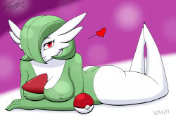 Rule 34 | 1girl, 2017, ass, breasts, covered erect nipples, creatures (company), crossed arms, dated, full body, game freak, gardevoir, gen 3 pokemon, green hair, green leotard, hair over one eye, half-closed eyes, heart, highres, jeffthehusky, jpeg artifacts, large breasts, leotard, looking at viewer, lying, nintendo, on stomach, poke ball, pokemon, pokemon (creature), pokemon rse, purple background, red eyes, signature, simple background, smile, solo, text focus