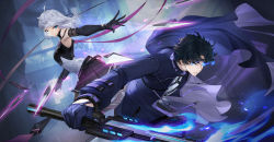 Rule 34 | 1boy, 1girl, armpits, bare shoulders, black footwear, black gloves, black hair, black jacket, black moon: extend, black skirt, blue eyes, bob cut, boots, city, closed mouth, dagger, elbow gloves, flaming eye, full body, gloves, highres, holding, holding sword, holding weapon, jacket, knife, ling (black moon: extend), long sleeves, looking at viewer, looking back, ninety-nine god moon, open mouth, outdoors, shirt, shoe soles, short hair, skirt, sleeveless, sleeveless shirt, sword, tanwq, teeth, thigh boots, thighhighs, throwing knife, weapon, white hair, white shirt