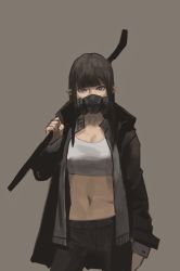 Rule 34 | 1girl, absurdres, black jacket, black pants, blue eyes, breasts, bright pupils, cleavage, contrapposto, covered mouth, cowboy shot, gas mask, gogalking, grey background, highres, holding, holding weapon, jacket, long sleeves, looking at viewer, mask, midriff, navel, open clothes, open jacket, over shoulder, pants, simple background, solo, tank top, weapon, weapon over shoulder, white pupils, white tank top