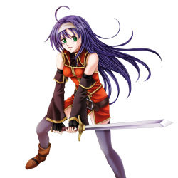 Rule 34 | 1girl, black gloves, detached sleeves, fingerless gloves, fire emblem, fire emblem: radiant dawn, gloves, green eyes, highres, holding, holding sword, holding weapon, long hair, mia (fire emblem), nintendo, purple hair, simple background, solo, sword, tamamon, thighhighs, weapon, white background