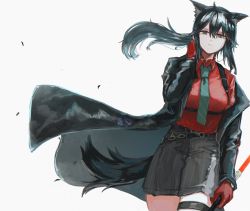 Rule 34 | 1girl, absurdres, animal ears, arknights, belt, black coat, black hair, black shorts, breasts, closed mouth, coat, collared shirt, cowboy shot, gloves, green necktie, highres, holding, holding sword, holding weapon, large breasts, lletrep, long hair, long sleeves, looking at viewer, necktie, official alternate costume, open clothes, open coat, ponytail, red eyes, red gloves, red shirt, serious, shirt, shorts, simple background, solo, striped clothes, striped shorts, sword, tail, texas (arknights), texas (willpower) (arknights), thigh strap, underbust, vertical-striped clothes, vertical-striped shorts, watch, weapon, white background, wolf ears, wolf girl, wolf tail, wristwatch