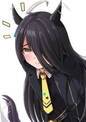 Rule 34 | 1girl, absurdres, ahoge, animal ears, black coat, black hair, black shirt, closed mouth, coat, coralreef966, ear wiggle, earrings, hair over one eye, highres, horse ears, horse girl, horse tail, jewelry, long hair, looking at viewer, manhattan cafe (umamusume), motion lines, multicolored hair, necktie, shirt, single earring, smile, solo, star (symbol), star print, tail, tail wagging, two-tone hair, umamusume, white background, white hair, yellow eyes, yellow necktie