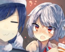 Rule 34 | 2girls, :3, alcohol, bad id, bad twitter id, beer, blue hair, blurry, brooch, closed eyes, cup, depth of field, doremy sweet, drinking glass, drunk, fang, hat, highres, jewelry, kishin sagume, light particles, looking at another, multiple girls, nightcap, open mouth, red eyes, short hair, silver hair, squeans, suminagashi, sweatdrop, tearing up, tipsy, touhou