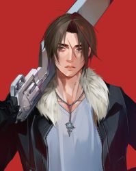 Rule 34 | 1boy, black gloves, black jacket, blue eyes, brown hair, collarbone, final fantasy, final fantasy viii, fur trim, gloves, gunblade, hand on own hip, highres, jacket, jewelry, long sleeves, looking to the side, male focus, necklace, nini tw99, over shoulder, parted bangs, parted lips, red background, red pupils, scar, scar on face, scar on forehead, shirt, short hair, solo, squall leonhart, upper body, weapon, weapon over shoulder, white shirt