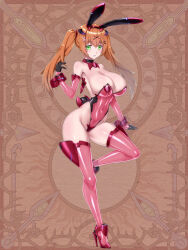 Rule 34 | 1girl, abstract background, animal ears, bare hips, bare shoulders, breasts, chain paradox, character request, cleavage, cocytus (wind master), commentary request, covered navel, elbow gloves, fake animal ears, full body, gloves, green eyes, groin, hair ornament, high heels, highleg, highleg leotard, highres, horns, large breasts, leotard, long hair, maebari, orange hair, pasties, playboy bunny, rabbit ears, revealing clothes, see-through, see-through leotard, see-through thighhighs, shiny skin, shoes, sideboob, smile, solo, standing, standing on one leg, thighhighs, twintails