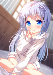 Rule 34 | 1girl, :d, bed sheet, blue eyes, blue hair, blurry, blurry background, blush, chinomaron, commentary request, day, depth of field, dutch angle, gochuumon wa usagi desu ka?, hair ornament, hand to own mouth, hand up, highres, hood, hood down, hooded jacket, indoors, jacket, kafuu chino, long hair, long sleeves, looking at viewer, open mouth, sitting, sleeves past wrists, smile, solo, sunlight, very long hair, wariza, white jacket, window, x hair ornament