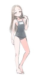 Rule 34 | 1girl, bad id, bad twitter id, black one-piece swimsuit, brown eyes, brown hair, collarbone, competition school swimsuit, competition swimsuit, contrapposto, female focus, forehead, full body, tucking hair, hand in own hair, head tilt, long hair, name tag, one-piece swimsuit, parted bangs, pokan (xz1128), school swimsuit, simple background, smile, solo, standing, standing on one leg, swimsuit, white background