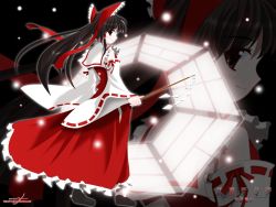 Rule 34 | 1girl, black eyes, black hair, blush, bow, colored skin, detached sleeves, dress, female focus, full body, glowing, gohei, hair bow, hair tubes, hakurei reimu, holding, japanese clothes, long hair, long sleeves, looking at viewer, magic, miko, ponytail, red bow, red dress, ribbon-trimmed sleeves, ribbon trim, sidelocks, smile, solo, stick, touhou, very long hair, white skin, zoom layer