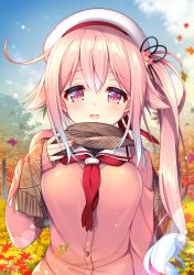 Rule 34 | 1girl, autumn, autumn leaves, beret, blue hair, blush, breasts, cloud, cloudy sky, commentary request, day, gradient hair, hair between eyes, hair flaps, hair ornament, hand on own chest, harusame (kancolle), hat, highres, kantai collection, long hair, looking at viewer, medium breasts, multicolored hair, neckerchief, open mouth, outdoors, pink eyes, pink hair, pink sweater, ringo sui, scarf, side ponytail, sidelocks, sky, solo, sweater