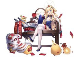 Rule 34 | 1girl, azur lane, bamboo, blonde hair, blue dress, blue eyes, blue footwear, blush, breasts, crown, detached sleeves, dress, fang, firecrackers, flower, hair ornament, hand on own chin, highres, kaede (yumesaki kaede), legs, looking at viewer, manjuu (azur lane), official alternate costume, official art, open mouth, queen elizabeth (azur lane), queen elizabeth (crown jewel of the royal navy) (azur lane), sitting, small breasts, thighhighs, transparent background, turret, vase, white thighhighs, wide sleeves