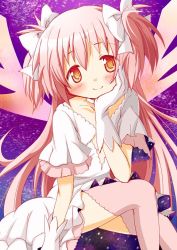 Rule 34 | 10s, 1girl, dress, gloves, hair ribbon, hand on own cheek, hand on own face, head rest, kaname madoka, long hair, looking at viewer, mahou shoujo madoka magica, mahou shoujo madoka magica (anime), pink hair, pink thighhighs, ribbon, smile, solo, thighhighs, tsubaki (tatajd), two side up, ultimate madoka, white dress, white gloves, yellow eyes, zettai ryouiki