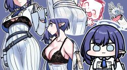 Rule 34 | 1boy, 1girl, aoi (blue archive), doodle sensei (blue archive), black bra, blue archive, bra, breasts, cleavage, cropped shirt, halo, hetero, high-waist pants, jazz jack, large breasts, looking at viewer, multiple views, outline, pants, pantylines, pointy ears, sensei (blue archive), shirt, simple background, underwear, white outline, white pants, white shirt