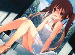 Rule 34 | 1girl, absurdres, brown eyes, brown hair, dress, happy, highres, legs, long hair, open mouth, panties, sandals, sitting, smile, solo, striped clothes, striped panties, sundress, torishimo, twintails, underwear