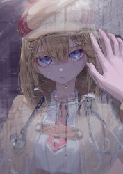 Rule 34 | 1girl, absurdres, blonde hair, blouse, blue eyes, closed mouth, collared shirt, commentary, detective, hair between eyes, hand up, hat, highres, hololive, hololive english, long hair, looking at viewer, monocle, pov, pov hands, reflection, roitz ( roitz ), shirt, solo, steam, stethoscope, upper body, virtual youtuber, water, watson amelia, white shirt