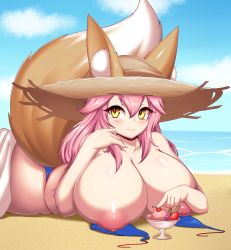 Rule 34 | 1girl, absurdres, animal ear fluff, animal ears, beach, bikini, unworn bikini top, blue bikini, blue sky, blush, breasts, cleavage, cloud, day, fate/extra, fate/grand order, fate (series), female focus, food, fox ears, fox girl, fox tail, hair between eyes, hands up, hat, headgear, headwear request, highres, huge breasts, ice cream, large areolae, long hair, looking at viewer, lying, nipple slip, nipples, ocean, on stomach, outdoors, pink hair, shiny skin, sky, smile, solo, straw hat, sun hat, swimsuit, tail, tailzkim, tamamo (fate), tamamo no mae (fate/extra), tamamo no mae (swimsuit lancer) (fate), thighs, topfreedom, topless, tree, yellow eyes