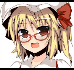 Rule 34 | 1girl, bespectacled, blouse, female focus, flandre scarlet, glasses, hat, letterboxed, lock heart (juuryokudou), looking at viewer, mob cap, open mouth, portrait, shirt, simple background, smile, solo, touhou, white background, white hat, white shirt