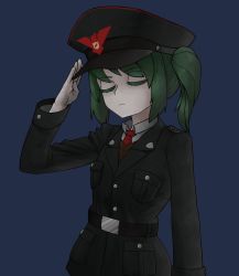 Rule 34 | 1girl, belt, black belt, black coat, black hat, blue background, brown cardigan, cardigan, closed eyes, closed mouth, coat, collared shirt, colored skin, commentary request, cookie (touhou), cowboy shot, daiyousei, diyusi (cookie), green hair, hat, highres, military, military hat, military uniform, necktie, pale skin, papers please, red necktie, salute, shirt, side ponytail, simple background, solo, surauta, touhou, uniform, white shirt