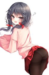 Rule 34 | 1girl, bad id, bad twitter id, baggy clothes, beliatan, bent over, black hair, blush, character request, clothes lift, copyright request, highres, looking at viewer, looking back, looking to the side, medium hair, open mouth, oversized clothes, panties, panties under pantyhose, pantyhose, red eyes, skirt, skirt lift, smile, standing, twintails, underwear, white background