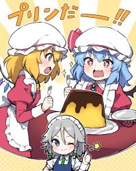 Rule 34 | 3girls, apron, ascot, blonde hair, blue dress, blue eyes, blue hair, brooch, collared shirt, commentary request, dress, fang, flandre scarlet, food, fork, frilled apron, frills, green ascot, grey hair, happy, hat, hat ribbon, highres, holding, holding fork, izayoi sakuya, jewelry, juliet sleeves, long sleeves, maid, miz (mizillustration), mob cap, multiple girls, one eye closed, open mouth, plate, pudding, puffy short sleeves, puffy sleeves, red dress, red eyes, red ribbon, remilia scarlet, ribbon, shirt, short sleeves, skin fang, smile, star-shaped pupils, star (symbol), symbol-shaped pupils, thumbs up, touhou, translation request, waist apron, white apron, white headwear, white shirt, white wrist cuffs, wrist cuffs, yellow ascot