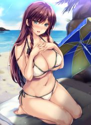 Rule 34 | 1girl, :d, bare legs, barefoot, beach, bikini, black bow, blue sky, blush, bow, braid, breasts, cloud, commentary request, day, green eyes, groin, hair between eyes, hair bow, halterneck, highres, hong meiling, large breasts, long hair, looking at viewer, monety, navel, no headwear, nose blush, ocean, open mouth, outdoors, palm tree, red hair, seiza, shadow, side-tie bikini bottom, sitting, sky, smile, solo, stomach, swimsuit, thighs, touhou, towel, tree, twin braids, umbrella, wet, white bikini
