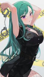 Rule 34 | 1girl, absurdres, arms behind head, arms up, belt, black belt, black choker, black shirt, blush, breasts, caution tape, choker, cleavage, covered armpit, cuffs, fishnet pantyhose, fishnets, green hair, handcuffs, highres, holding, holding handcuffs, jewelry, long hair, looking at viewer, medium breasts, necklace, pantyhose, purple eyes, shirt, short sleeves, sirom, smile, solo, swept bangs, upper body, virtual youtuber, vspo!, yakumo beni