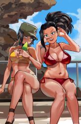 Rule 34 | 2girls, \m/, absurdres, adjusting hair, audio jack, bare shoulders, bench, bikini, black choker, black eyes, black hair, blue sky, blunt bangs, boardwalk, bob cut, boku no hero academia, breasts, brown footwear, choker, cleavage, cliff, cloud, commentary, crossed legs, eating, finger to face, finger to own nose, food, green headwear, groin, hair pulled back, hand rest, head tilt, highres, holding, holding food, holding popsicle, index finger raised, jirou kyouka, knees together feet apart, large breasts, long earlobes, long hair, looking at viewer, medium breasts, multiple girls, navel, ocean, open mouth, field cap, ponytail, popsicle, railing, red bikini, ribosoma 42, romaji commentary, sandals, shaded face, shiny swimsuit, short hair, side-by-side, sidelocks, single sidelock, sitting, sky, smile, swimsuit, tomboy, v-shaped eyebrows, yaoyorozu momo, yellow bikini