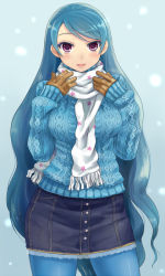 Rule 34 | 1girl, 7th dragon, 7th dragon (series), aran sweater, blue hair, blue pantyhose, blush, breasts, cable knit, contemporary, denim, denim skirt, eland, gloves, large breasts, long hair, melk (7th dragon), pantyhose, purple eyes, rogue (7th dragon), scarf, skirt, smile, snowing, solo, sweater, very long hair, winter clothes