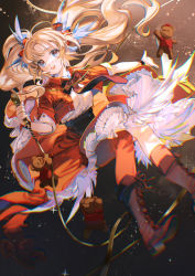 Rule 34 | 1girl, :d, absurdres, arknights, blonde hair, blue eyes, boots, bow, bowtie, brown background, brown footwear, cable, cropped jacket, cross-laced footwear, feather hair ornament, feathers, feet out of frame, gradient background, hair ornament, high-waist skirt, highres, holding, holding microphone, jacket, knee boots, lace-up boots, long hair, looking at viewer, microphone, mole, mole under eye, official alternate costume, open clothes, open jacket, open mouth, outstretched arm, petticoat, pinecone, pinecone (arknights), pinecone (sing a song) (arknights), red bow, red bowtie, red jacket, red skirt, red thighhighs, rumoon, shirt, short sleeves, single thighhigh, skirt, smile, solo, sparkle, stuffed animal, stuffed toy, teddy bear, thighhighs, twintails, very long hair, white shirt