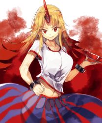 Rule 34 | &gt;:), 1girl, blonde hair, blue skirt, breasts, clenched hand, commentary request, cowboy shot, cuffs, cup, grin, holding, holding cup, hoshiguma yuugi, large breasts, long hair, looking at viewer, midriff, navel, pointy ears, red eyes, sakazuki, shirt, sidelocks, skirt, smile, solo, standing, striped clothes, striped skirt, suminagashi, touhou, v-shaped eyebrows, vertical-striped clothes, vertical-striped skirt, very long hair, white shirt