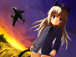 Rule 34 | 1girl, animal ears, backlighting, bad id, bad pixiv id, blonde hair, blue eyes, cat ears, cat tail, catocala, evening, garrison cap, grass, hat, helma lennartz, long hair, me 262, military, military uniform, sky, solo, strike witches, strike witches: suomus misfits squadron, tail, uniform, world witches series