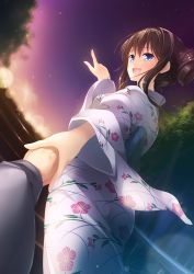 Rule 34 | 1girl, :d, aerial fireworks, blue eyes, blush, brown hair, commentary request, dutch angle, fireworks, floral print, hair between eyes, highres, japanese clothes, kimono, long hair, long sleeves, looking at viewer, looking back, massan, night, night sky, open mouth, original, outdoors, pointing, pov, pov hands, print kimono, sidelocks, sky, smile, solo focus, star (sky), starry sky, tree, white kimono, wide sleeves, yukata