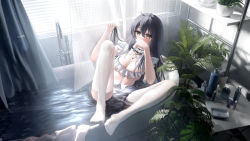 Rule 34 | 1girl, absurdres, azur lane, bath, bathing, bathroom, black hair, breasts, choker, cleavage, clothed bath, crotchless, crotchless pantyhose, frilled choker, frills, from above, full body, highres, holding, holding own hair, indomitable (azur lane), indomitable (ms. motivationless maid) (azur lane), large breasts, liht, long hair, official alternate costume, pantyhose, plant, potted plant, solo, very long hair, water, white pantyhose, yellow eyes