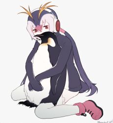 Rule 34 | 10s, 1girl, animal, bird, black hair, blonde hair, boots, commentary request, emperor penguin, headphones, hood, hoodie, kemono friends, long hair, long sleeves, multicolored hair, hugging object, penguin, penguin tail, red eyes, royal penguin (kemono friends), seto (harunadragon), signature, sitting, solo, tail, twintails, wariza, white hair