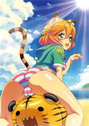Rule 34 | 1girl, absurdres, animal ears, arched back, ass, ball, beach, beachball, bikini, blue eyes, blush, breasts, cameltoe, day, fang, from behind, highres, hood, hoodie, kouzaka kouhei, lens flare, looking back, medium breasts, orange hair, original, paw pose, scan, short hair, solo, striped bikini, striped clothes, sunlight, swimsuit, tail, tiger ears, tiger stripes, tiger tail, trefoil