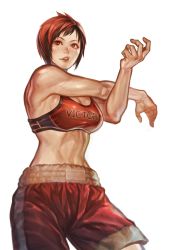 Rule 34 | 1girl, absurdres, black hair, breasts, cleavage, cowboy shot, dead or alive, dead or alive 6, freckles, highres, large breasts, lips, midriff, mila (doa), mixed martial arts, multicolored hair, muscular, muscular female, nose, red eyes, red hair, red shorts, red sports bra, sepia, short hair, shorts, solo, sports bra, standing, stn sentan, tecmo, toned, two-tone hair, very short hair, white background