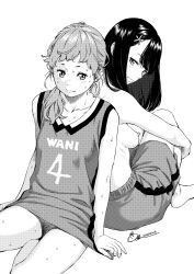 Rule 34 | 2girls, absurdres, back-to-back, barefoot, basketball jersey, basketball uniform, bottomless, breasts, commentary request, female pubic hair, greyscale, hair ornament, hair over shoulder, highres, key (kagibangou), long hair, looking at viewer, low ponytail, monochrome, multiple girls, original, pubic hair, simple background, sitting, small breasts, sportswear, sweat, topless