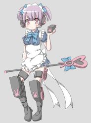 Rule 34 | 1girl, animal print, apron, blue bow, blue dress, blush, boots, bow, brown eyes, clock, closed mouth, commentary request, dress, frilled apron, frills, grey background, hamada pengin, hand up, headphones, headset, heart, highres, holding, holding wand, long hair, maid, maid headdress, mechanical boots, original, pleated dress, puffy short sleeves, puffy sleeves, purple hair, rabbit print, short hair, short sleeves, short twintails, simple background, solo, twintails, wand, white apron