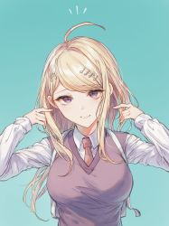 Rule 34 | 1girl, ahoge, akamatsu kaede, backpack, bag, blonde hair, breasts, closed mouth, collared shirt, danganronpa (series), danganronpa v3: killing harmony, eighth note, fortissimo, goto (sep), gradient background, green background, hair ornament, hands up, highres, large breasts, long hair, long sleeves, looking at viewer, musical note, musical note hair ornament, necktie, notice lines, shirt, smile, solo, sweater vest, upper body, white bag, white shirt