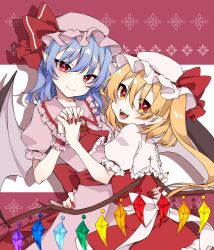 Rule 34 | 2girls, ascot, bat wings, blonde hair, blush, brooch, closed mouth, crystal, fangs, fingernails, flandre scarlet, frilled shirt collar, frilled sleeves, frills, hat, highres, jewelry, long hair, mob cap, multiple girls, nail polish, one side up, open mouth, pink headwear, pink shirt, pink skirt, pointy ears, purple hair, red ascot, red eyes, red nails, red skirt, red vest, remilia scarlet, shirt, short hair, short sleeves, siblings, sisters, skirt, smile, touhou, vest, white headwear, white shirt, wings, wrist cuffs, yami nabe
