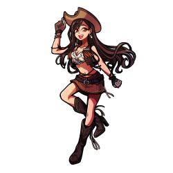 Rule 34 | 1girl, absurdres, adjusting clothes, adjusting headwear, beads, black footwear, boots, bracelet, breasts, brown gloves, brown hair, brown skirt, brown vest, cleavage, collarbone, cowboy boots, cowboy hat, crop top, cropped vest, dangle earrings, earrings, final fantasy, final fantasy vii, final fantasy vii remake, fringe trim, full body, gloves, hair beads, hair ornament, hat, highres, jewelry, leather skirt, leather vest, long hair, medium breasts, midriff, miniskirt, official art, open mouth, red eyes, seilidare, shirt, skirt, smile, solo, swept bangs, tifa lockhart, tifa lockhart (cowgirl), vest, white background, white shirt