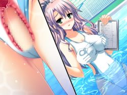 Rule 34 | akaza, censored, grabbing, grabbing another&#039;s breast, henshin 3, living clothes, long hair, notebook, one-piece swimsuit, pen, penis, pool, purple hair, school swimsuit, sex, swimsuit, uterus, water, white one-piece swimsuit, white school swimsuit, x-ray