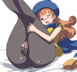 Rule 34 | 1girl, akira (coffee curry), alena (dq4), blush, cameltoe, cape, chunsoft, clothed masturbation, dragon quest, dragon quest iv, enix, female masturbation, fingering, hat, hip focus, legs together, legs up, long hair, masturbation, one eye closed, open mouth, orange hair, panties, panties under pantyhose, pantyhose, pussy juice, red eyes, solo, underwear, wet, wet clothes, wet panties, wet pantyhose, wide hips, wink