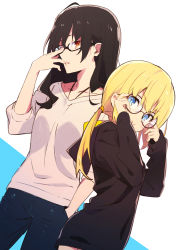 Rule 34 | &gt;:), 2girls, absurdres, ahoge, amaryllis gumi, bespectacled, black-framed eyewear, blonde hair, blue background, blue eyes, blue pants, blush, brown-framed eyewear, brown eyes, brown hair, brown hoodie, brown sweater, character request, closed mouth, collarbone, dutch angle, glasses, hair between eyes, hand in pocket, highres, hood, hood down, hoodie, kotohara hinari, long hair, long sleeves, low twintails, multiple girls, pants, puffy long sleeves, puffy sleeves, smile, sweater, tama (tama-s), twintails, two-tone background, v-shaped eyebrows, virtual youtuber, white background