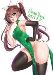 Rule 34 | 1girl, absurdres, black thighhighs, breasts, brown eyes, brown hair, china dress, chinese clothes, dated, dress, fang, folded fan, folding fan, green dress, hand fan, hand on own hip, highres, kantai collection, katou shinobu, leaning forward, medium breasts, no panties, one-hour drawing challenge, pelvic curtain, simple background, skin fang, smile, solo, standing, standing on one leg, thighhighs, tone (kancolle), twitter username, white background