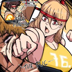 Rule 34 | 1boy, 1girl, 1other, alternate breast size, blonde hair, breasts, chainsaw man, character request, cleavage, cross-section, denji (chainsaw man), hairband, headband, instant loss, large breasts, long hair, looking at another, mark gavatino, open mouth, power (chainsaw man), punching, red eyes, red headband, ringed eyes, sharp teeth, shirt, short hair, teeth, yellow shirt